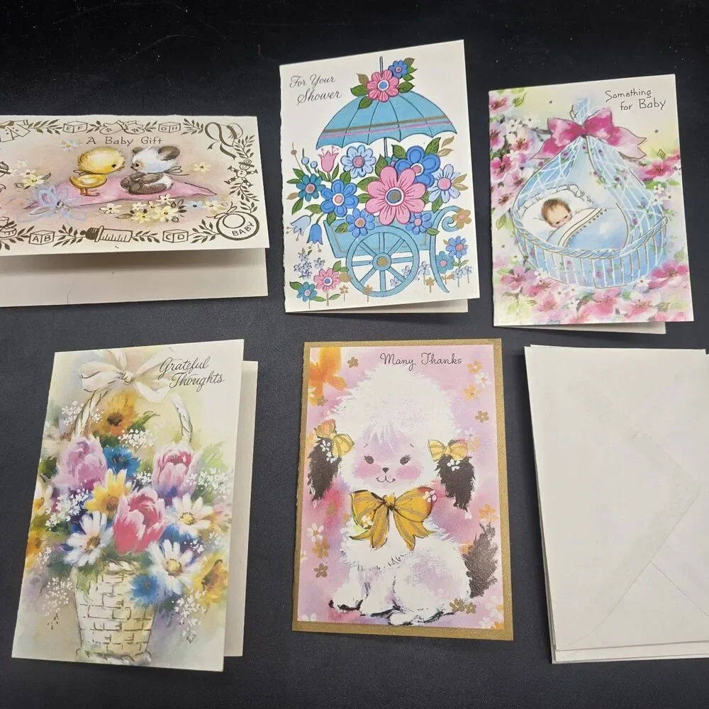 Lot Of 5 Vintage Small Greeting Cards Baby Shower Thank You